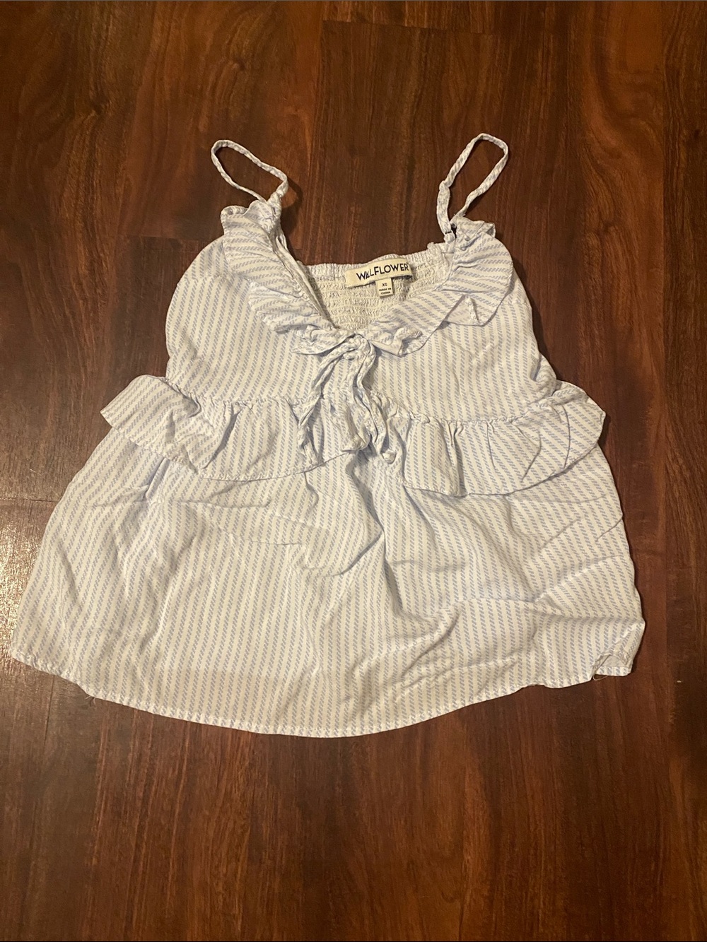 Wallflower Light Blue & White Striped Ruffle Tie-Front Camisole